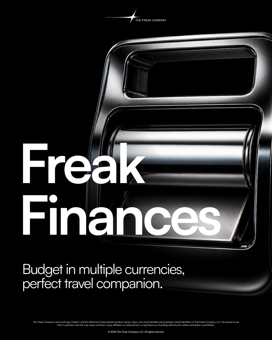 Freak Finances cover with a metallic money icon, introducing budgeting in multiple currencies.