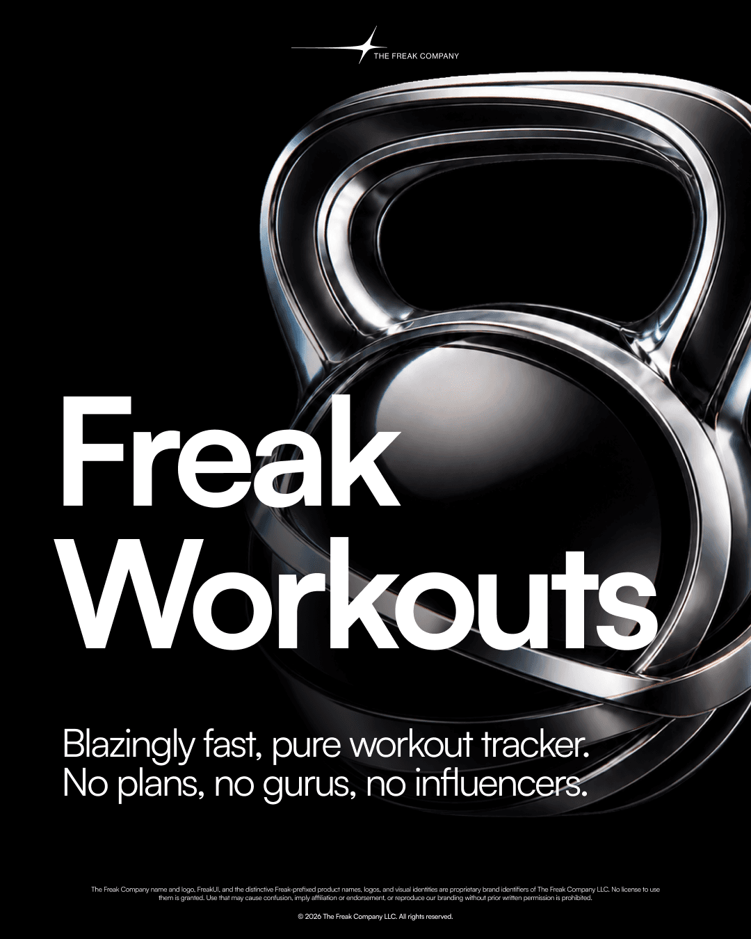 Freak Workouts cover with a metallic kettlebell, presenting a workout tracker without plans, gurus or influencers.