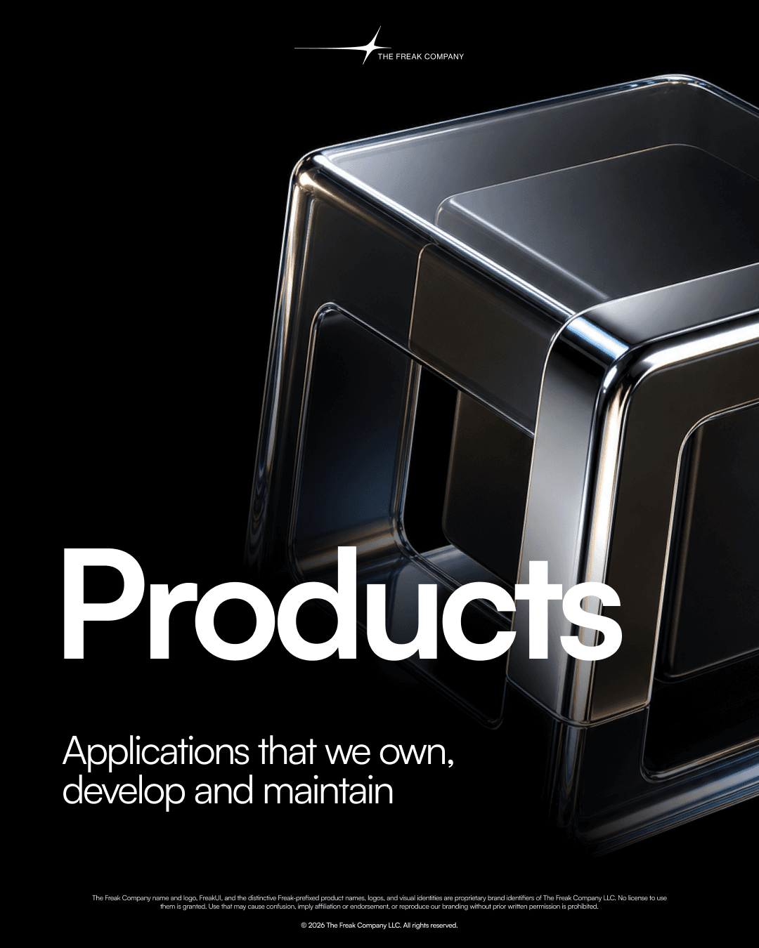 The Freak Company product portfolio cover with a metallic cube and the words “Applications that we own, develop and maintain.”