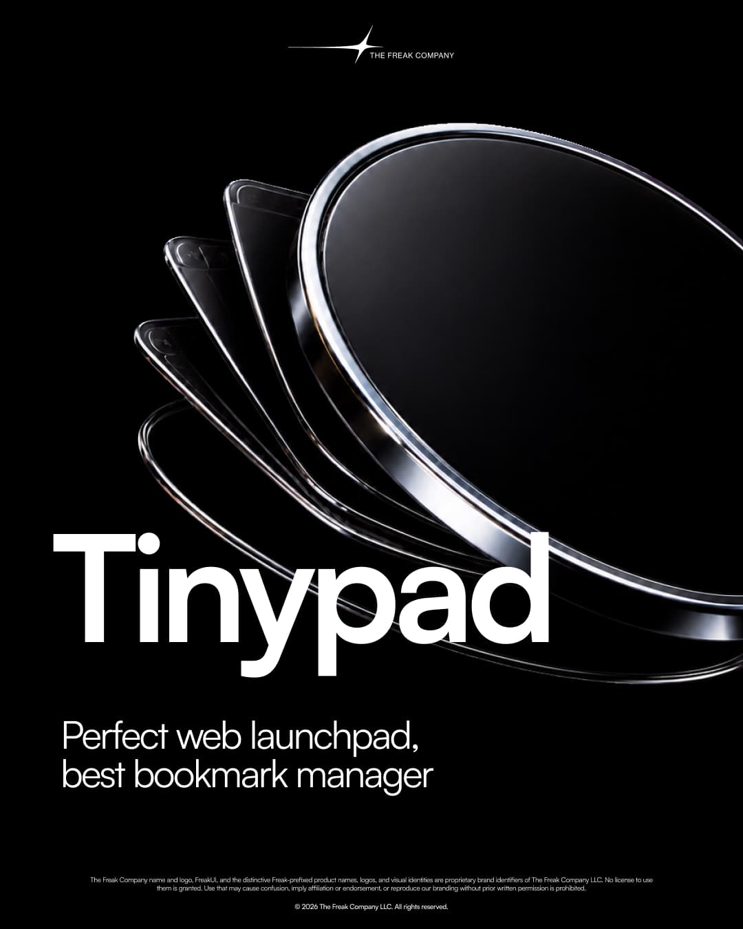 Tinypad cover with a metallic circular icon, introducing its web launchpad and bookmark manager.