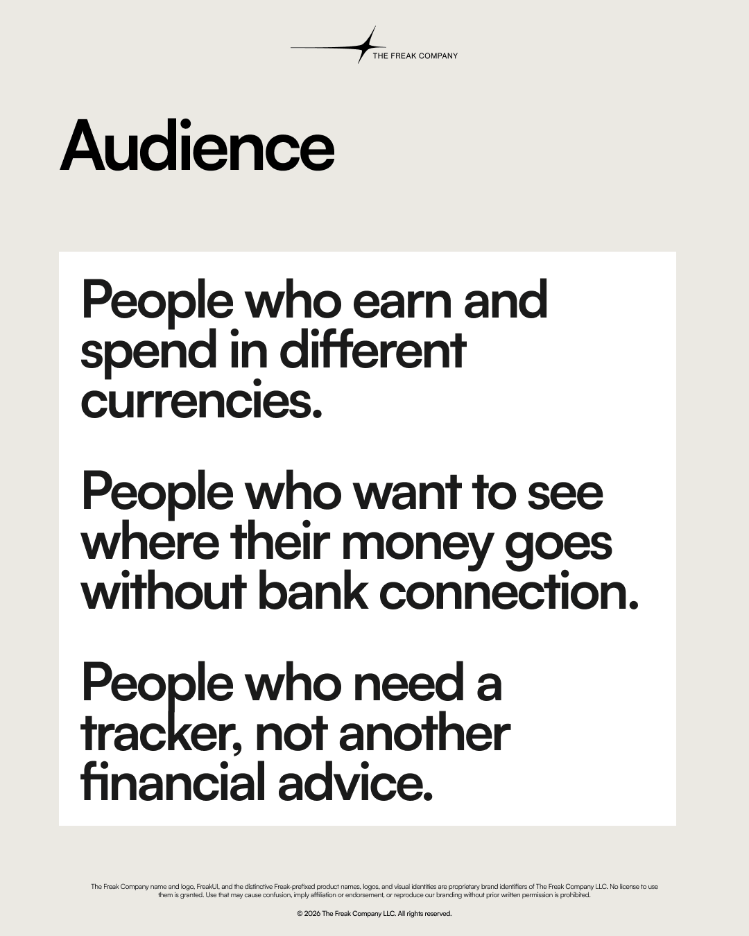 Freak Finances audience slide for people earning and spending in different currencies without connecting a bank account.