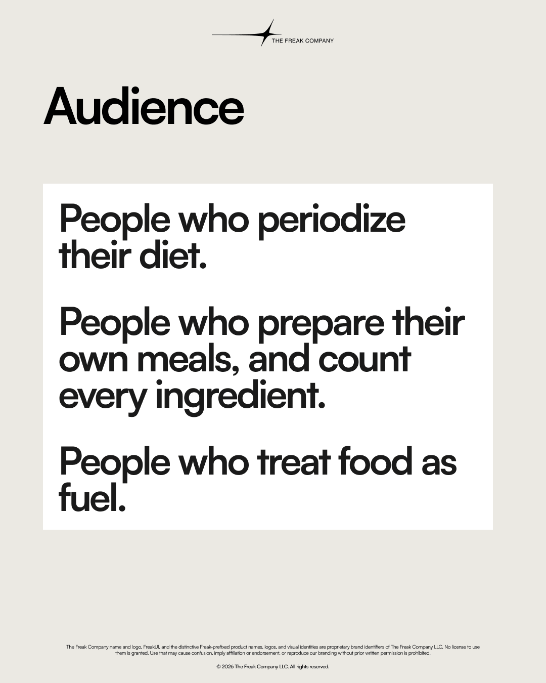 Freak Nutrition audience slide for people who periodize their diet, prepare meals and count ingredients.