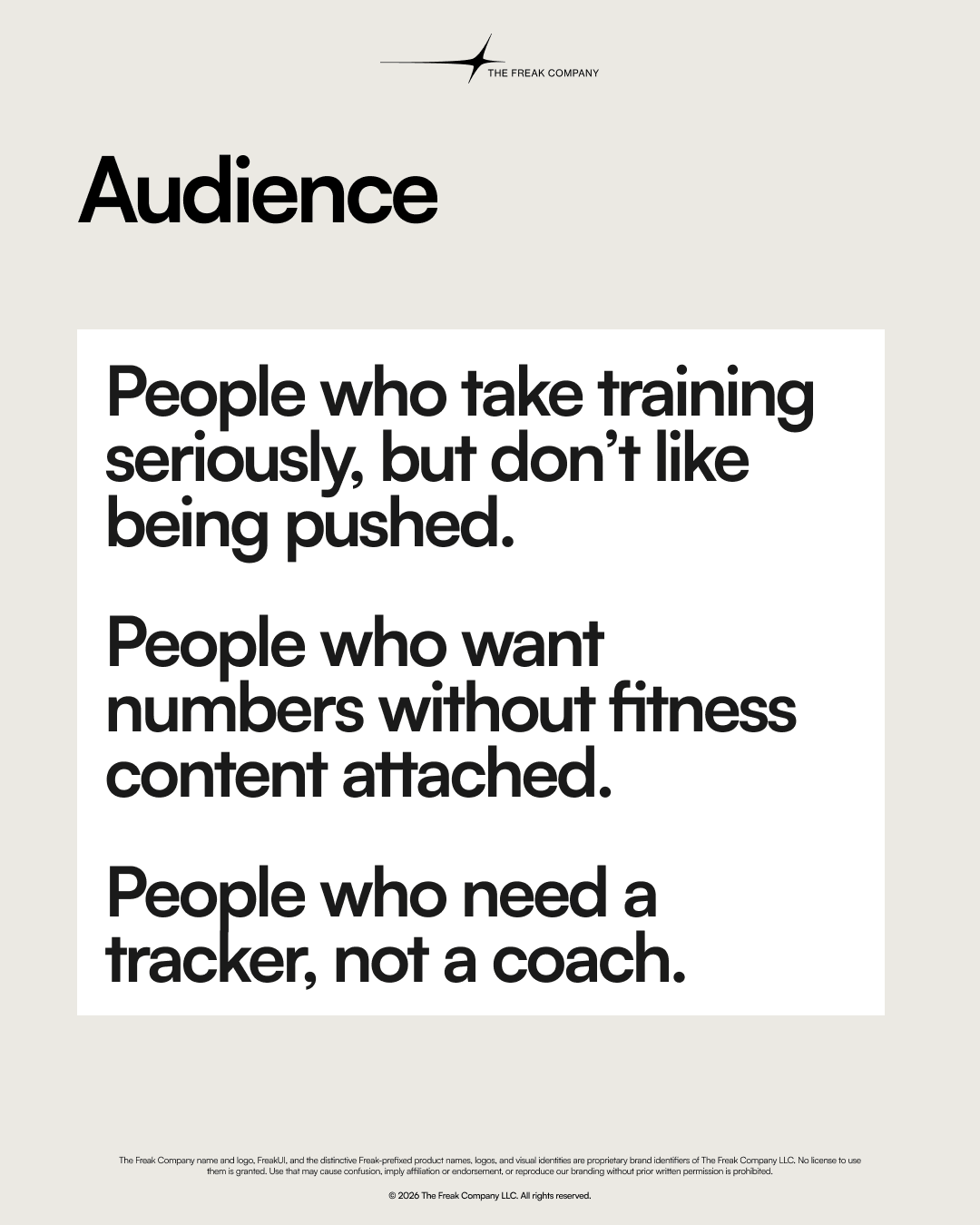 Freak Workouts audience slide for people who want training measurements without coaching or fitness content.