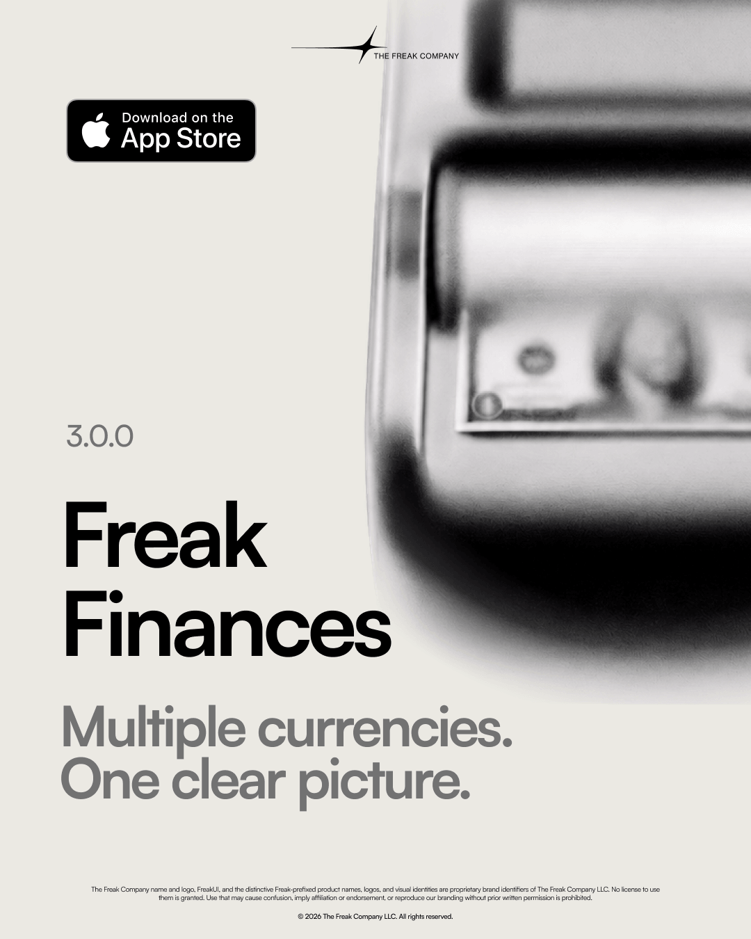 Freak Finances product card with a metallic money icon and the tagline “Multiple currencies. One clear picture.”
