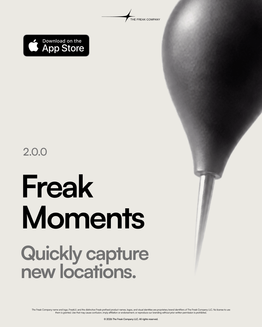 Freak Moments product card with a map pin and the words “Quickly capture new locations.”