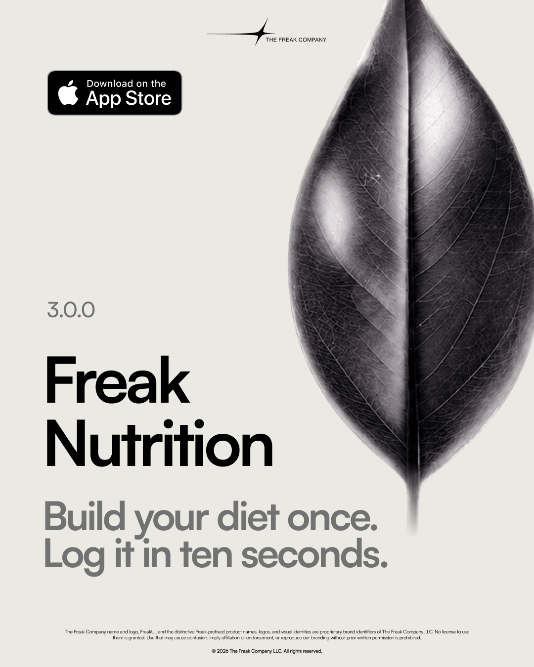 Freak Nutrition product card with a metallic leaf and the tagline “Build your diet once. Log it in seconds.”