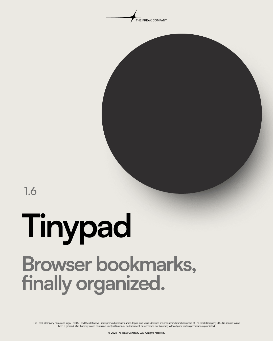 Tinypad product card with its circular icon and the tagline “Browser bookmarks, finally organised.”