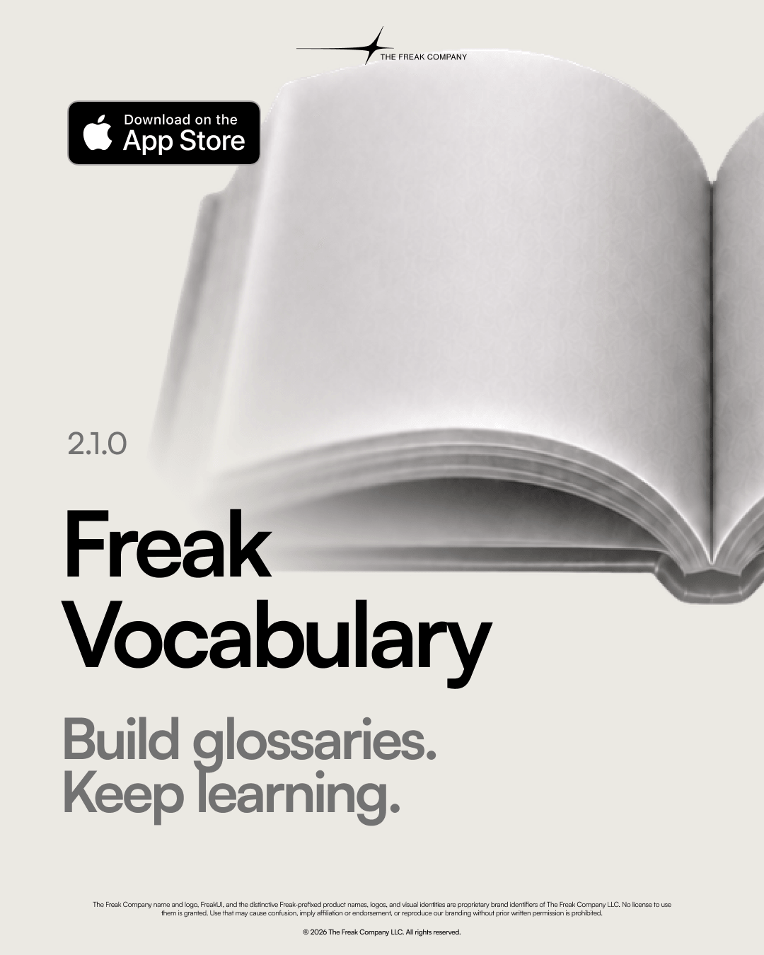 Freak Vocabulary product card with an open book and the tagline “Build glossaries. Keep learning.”