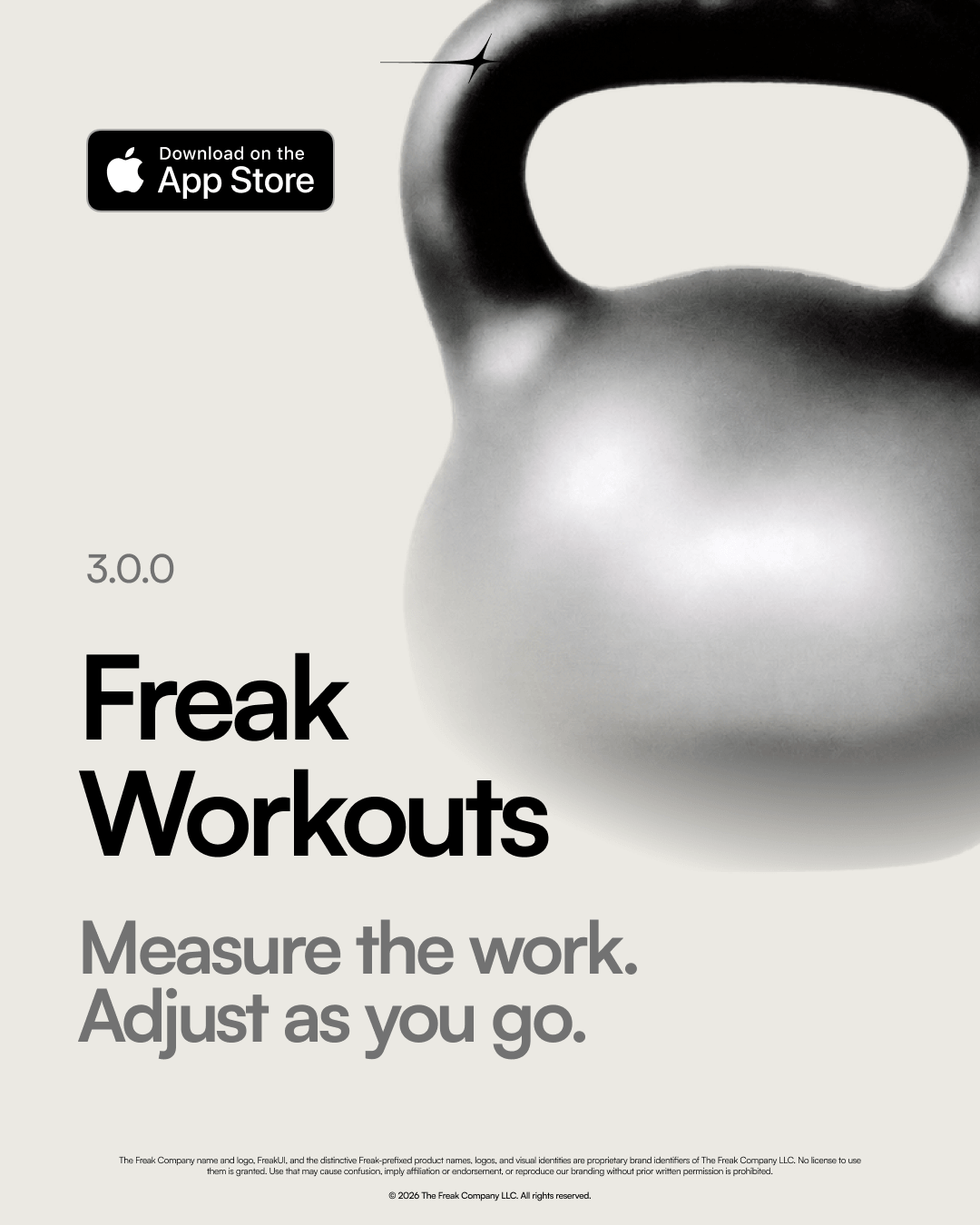 Freak Workouts product card with a kettlebell and the tagline “Measure the work. Adjust as you go.”